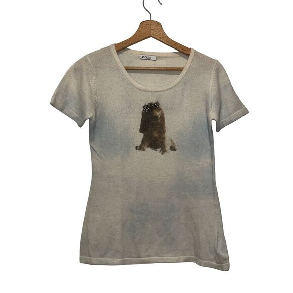 Cache Ivory Rhinestone Cashmere Blend Stretch Puppy Dog Top Women's Size S - Picture 1 of 8